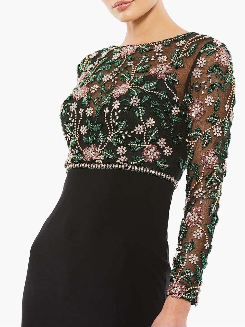 Mac Duggal 67870 Size 14 Floral Beaded Mesh Illusion Trumpet Gown Dress Black - Picture 2 of 16